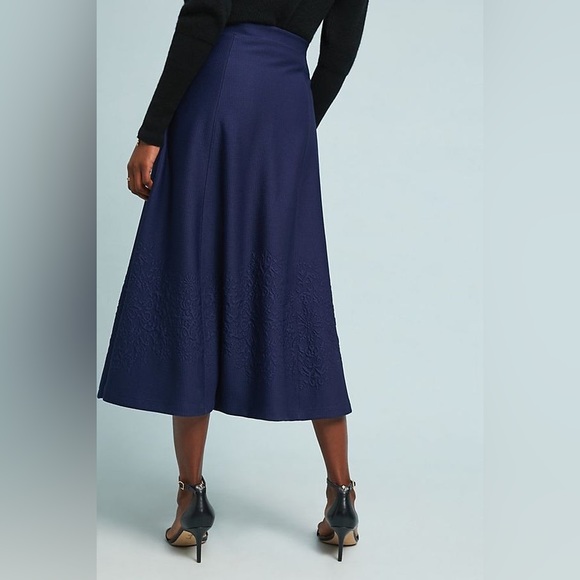 Maeve Anthropologie Maria Navy Embossed Knit Flared Midi Skirt - Picture 2 of 10